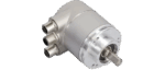 Encoder absoluto multiturn Posital IXARC con interfaz EtherNet/IP y eje de 10 mm con brida de sujeción.