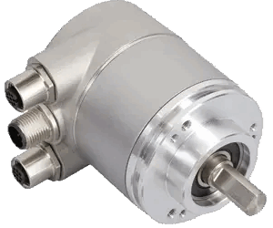 Encoder absoluto multiturn Posital IXARC con interfaz EtherNet/IP y eje de 10 mm con brida de sujeción.