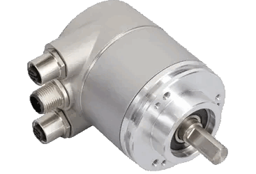 Encoder absoluto multiturn Posital IXARC con interfaz EtherNet/IP y eje de 10 mm con brida de sujeción.
