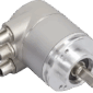 Encoder absoluto multiturn Posital IXARC con interfaz EtherNet/IP y eje de 10 mm con brida de sujeción.